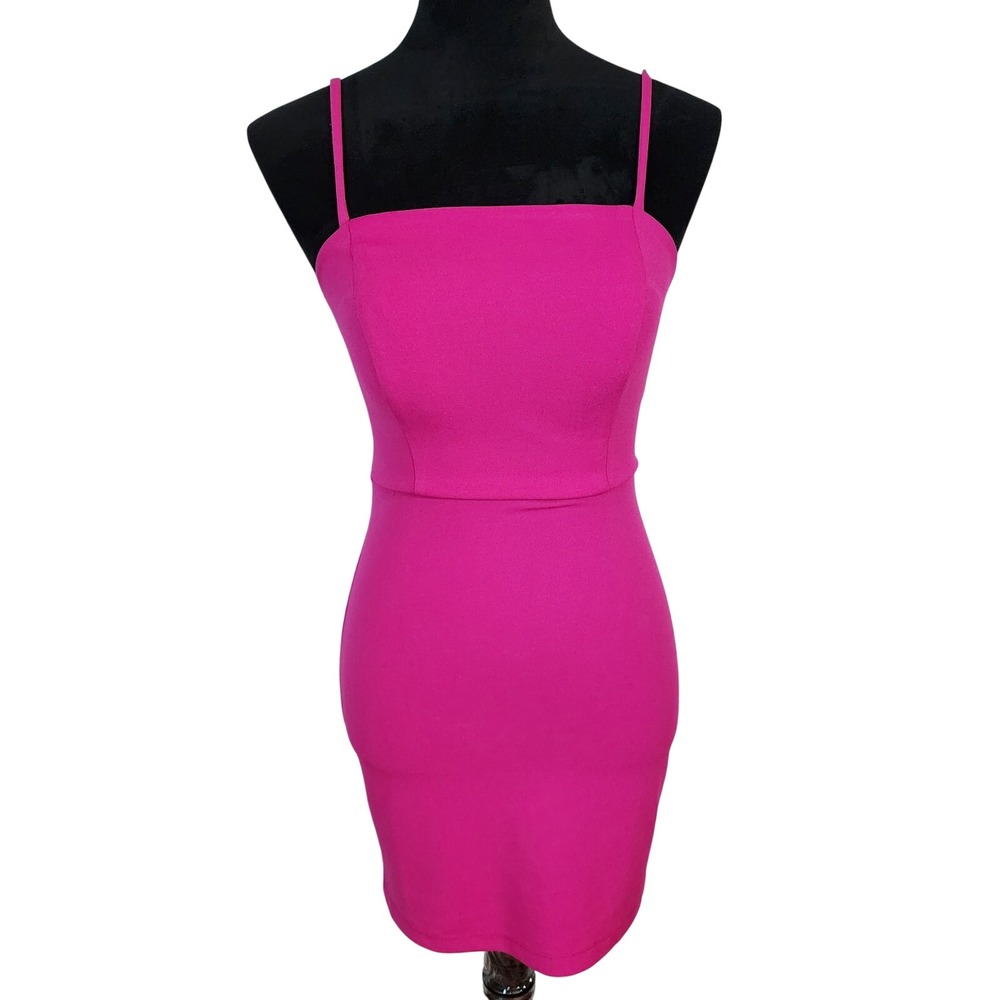 MIDNIGHT DOLL Size XS Hot Pink Square Neck Sexy Strappy Bodycon Mini Dress Party